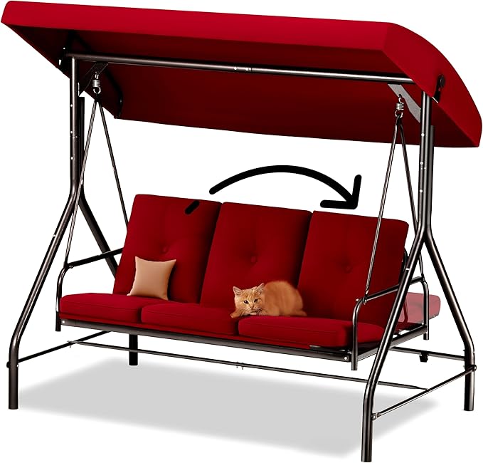 Porch Swing - 3-Seat Patio Outdoor Swing with Canopy for Adultes, Convertible Glider Bed, Thick Removable Cushions & Pillows for Backyard, Porch, Garden - Burgundy