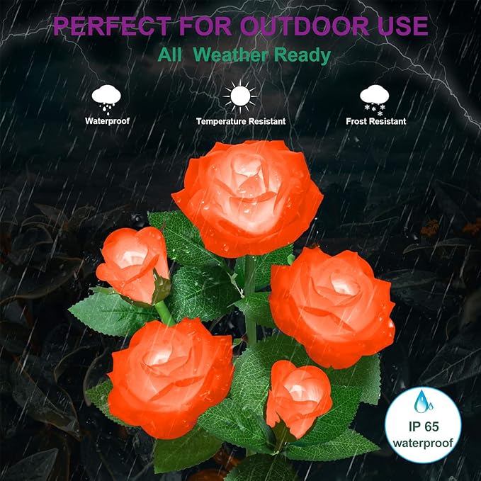 Solar Flower Lights Outdoor - Upgraded New Material Two Modes Realistic LED Solar Powered Waterproof Lights with 5 Roses, Solar Decorative Stake Lights for Garden (Orange, 2 Pack)