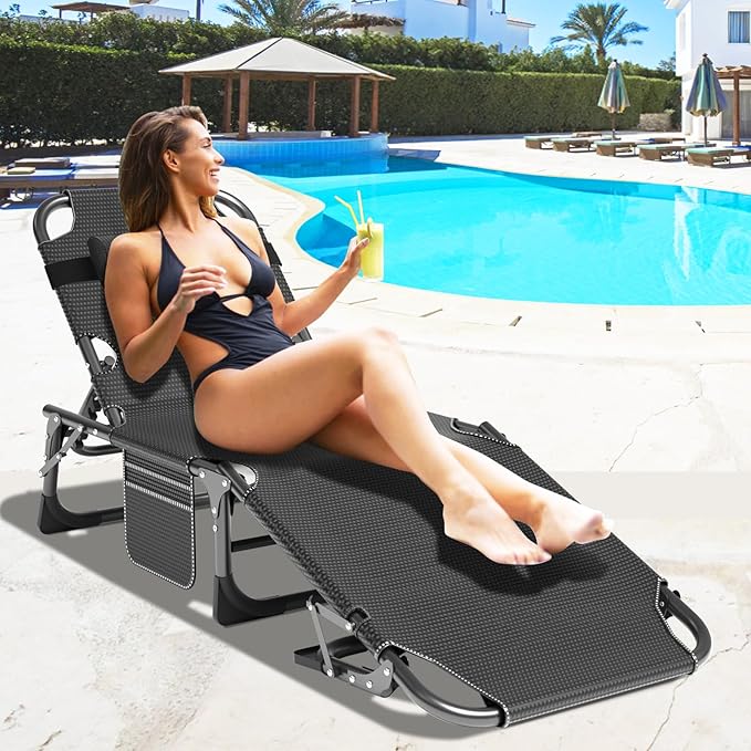 ABORON Heavy Duty Tanning Chair, 5-Gear Outdoor Folding Chaise Lounge Chair with Cushion,Portable Beach Lounge Chair for Outdoor Sunbathing Patio Pool Lawn Deck Poolside
