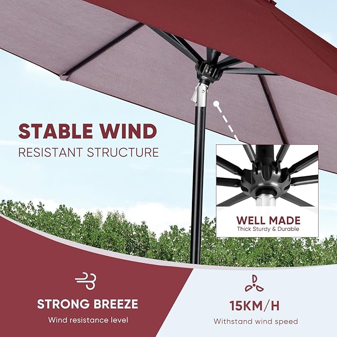 Tempera Patio Market Outdoor Table Umbrella with Auto Tilt and Crank, Large Sun Umbrella with Sturdy Pole & Fade Resistant Canopy, Easy to Set