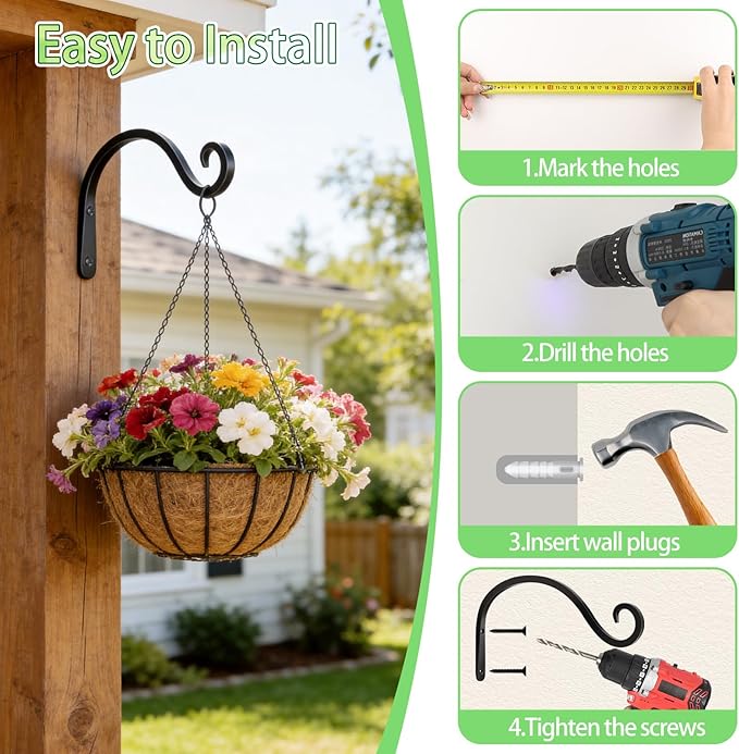 BOLITE Plant Hangers Outdoor Indoor, 8 Inch Wall Plant Hooks, Metal Bird Feeder Hanger for Hummingbird Feeders, Planters, Lanterns, Wind Chimes, Home Decor, 2 Pack, Black, Gifts for Women Men