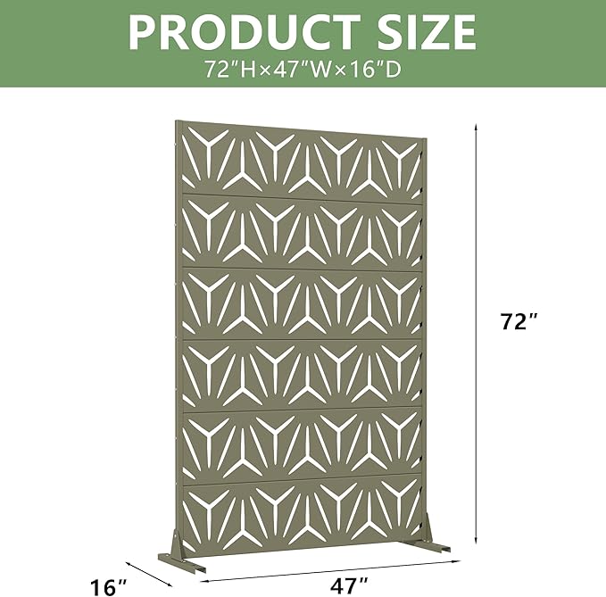 Casaphoria Metal Privacy Screen Outdoor, 72" H x 47" W Freestanding Decorative Privacy Screen for Patio Deck Balcony Garden with Stable Base, Green-Star
