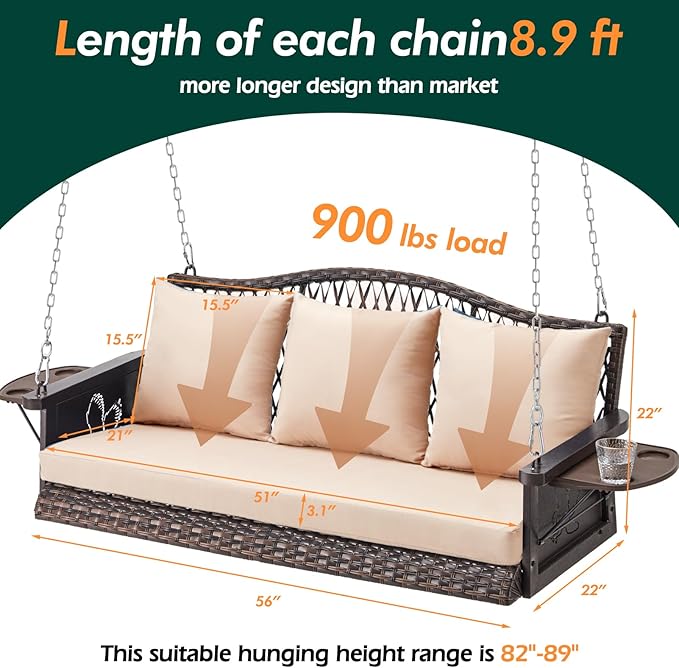 Upgraded Wicker Hanging Porch Swing Heavy Duty 900lbs 3-Seat Outdoor Patio Swing Chair Bench for Adult w/ 8.9ft Hanging Chains Cushions and Cup Holder