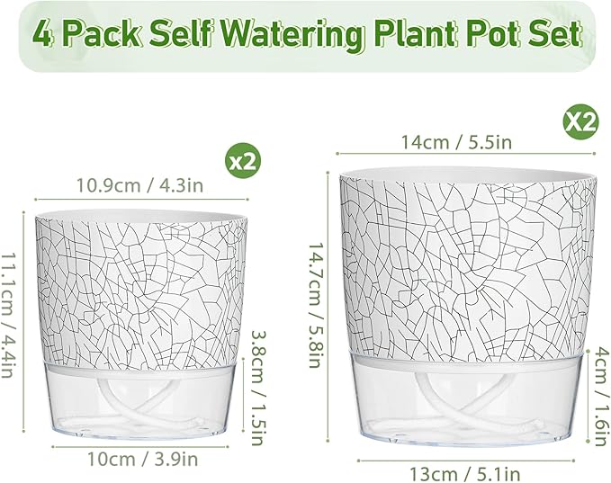 Self Watering Pots for Indoor Plants, 4/5.5 Inch Crackle Pattern Planters with Clear Water Reservoir & Wick System, 4 Pack Plastic Flower Pots for Succulents, Herbs, African Violets