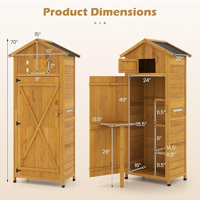 Goplus All-in-One Storage Shed, 70" Tall Wooden Lockable Cabinet w/Foldable Work Table, Vertical Utility Tool Organizer w/Shelves & Hooks, Waterproof Garden Shed for Patio Backyard (Natural)