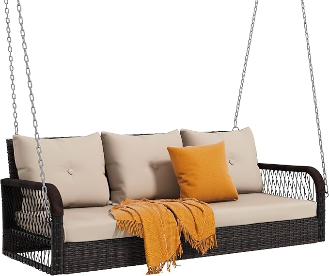 DWVO 3 Seats Porch Swing Hanging Bench Swing Outdoor Wicker Patio Swing Lounge Front Rattan 794lbs for Garden, Balcony, Brown&Beige
