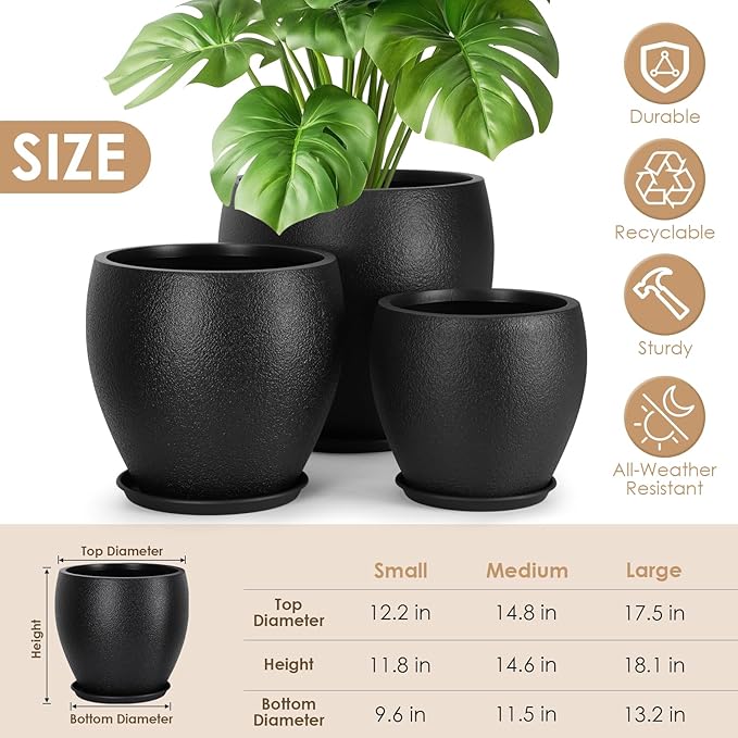 Plant Pots 17.5/14.8/12.2 inch Set of 3, Flower Pots with Drainage Holes, Large Planters for Indoor Outdoor Garden Plants and Flowers. (Black)