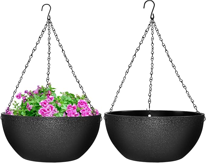 Enenes 13 Inch Large Hanging Planters 2 Pack, Plastic Plant Pots with Drainage Holes and Chains for Indoor or Outdoor Garden, Patio, Large Hanging Baskets