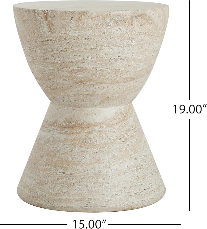Christopher Knight Home Outdoor Side Table,Hourglass Shape Side Table,Patio Garden Stool Coffee End Table,Decorative Garden Stool for Patio,or Balcony,Lightweight Concrete Material,Travertine