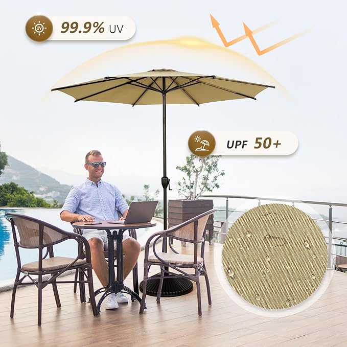 Abba Patio 9FT Lyon Outdoor Patio Umbrella Outdoor Table Umbrella with Push Button Tilt and Crank Market Umbrella 8 Sturdy Ribs UV Protection Waterproof for Garden Deck Backyard Pool Tan