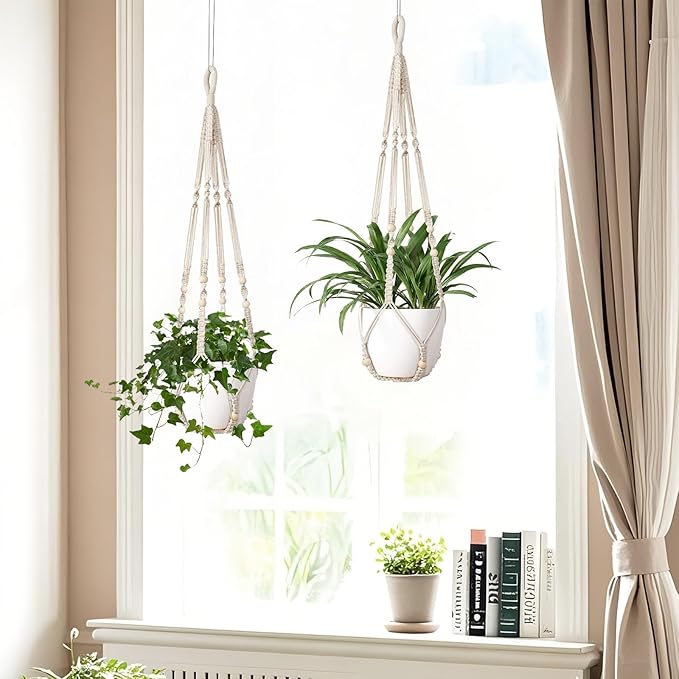 Macrame Plant Hanger Indoor Set of 2 with 4 Hooks, Indoor Outdoor Hanging Planter for Plants Holder with Decorative Wood Beads & No Tassels, Boho Home Decor, 35 Inch Ivory (Pots Not Included)