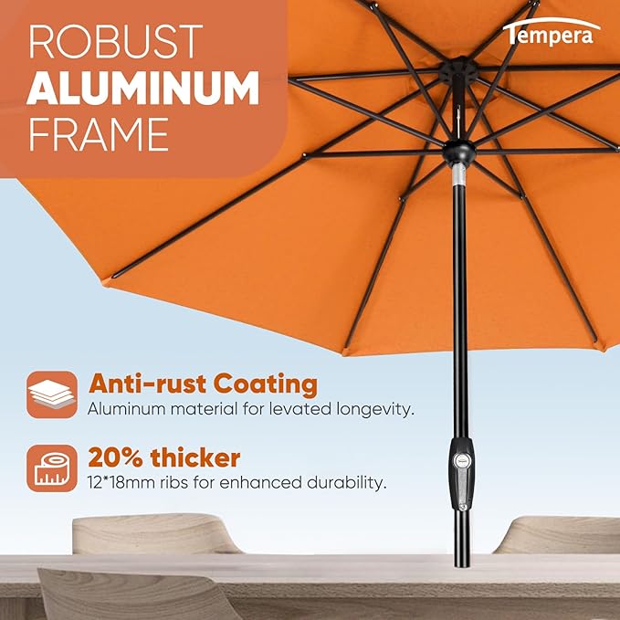 Tempera Patio Market Outdoor Table Umbrella with Auto Tilt and Crank, Large Sun Umbrella with Sturdy Pole & Fade Resistant Canopy, Easy to Set