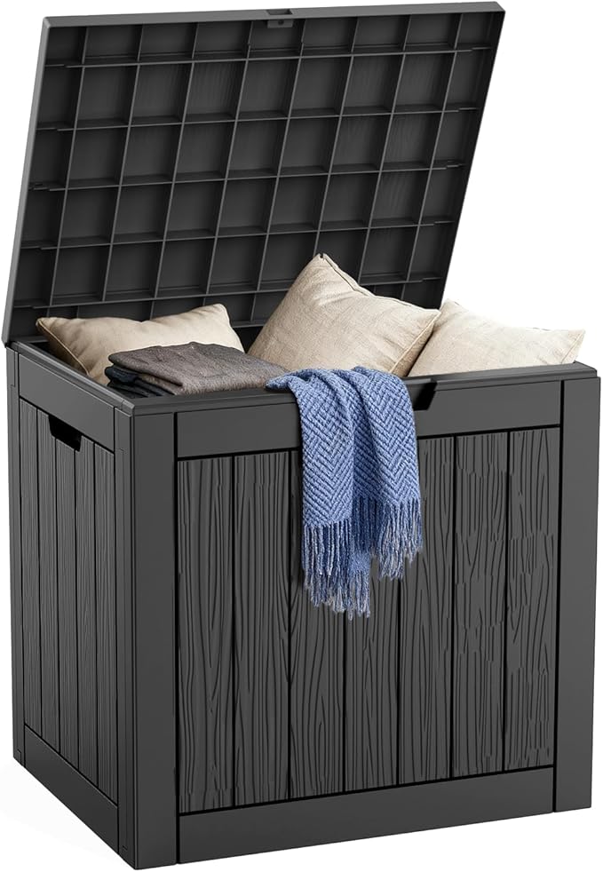 DRATO Deck Boxes, 30 Gallon Outdoor Storage Box for Patio Cushion, Garden Tools, Waterproof and UV Resistant, Lockable (Black，30 Gallon)