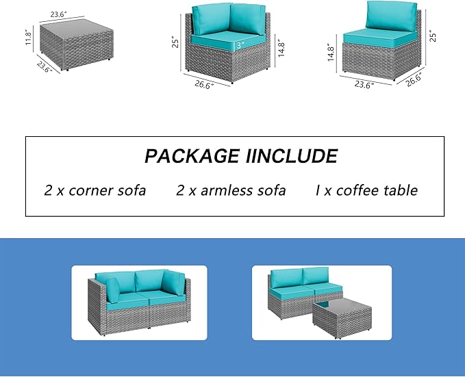 Shintenchi 5 Pieces Outdoor Patio Furniture Sets, Patio Sectional Sofa Couch, Gray PE Wicker Furniture Modular Patio Conversation Sets Patio Sofa with Washable Cushions & Table（Blue）