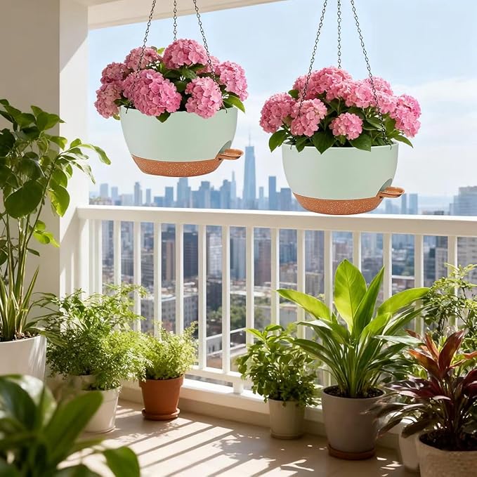 2 Pack Hanging Planters for Indoor Outdoor Plants, 12 Inch Self Watering Hanging Pot with Drainage Holes and Saucer, Plastic Plant Pots, Green Brown Flower Pots for Kitchen, Balcony, Garden