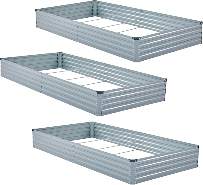 3 Pack 6x3x1FT Galvanized Raised Garden Bed Kit, Outdoor Metal Planter Box for Vegetables, Bottomless Rectangular Gardening Bed with Support Rods, Tool-Free Assembly, Gray