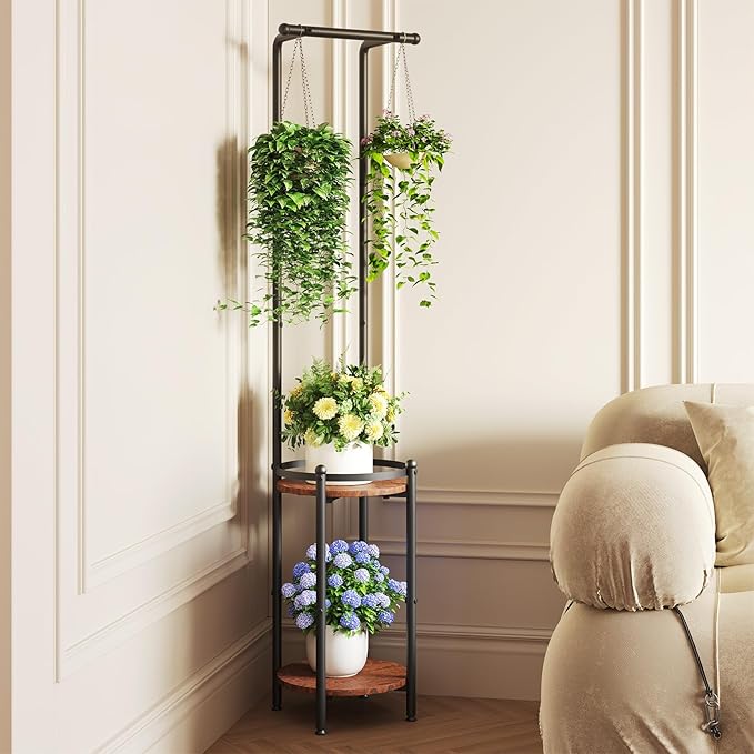 Plant Stand Indoor Outdoor - Heavy Duty Metal 2-tier Hanging Plant Holder Space-Saving Iron Plant Stands Tall Plant Shelf for Living Room Garden Balcony（Rustic Brown and Black）