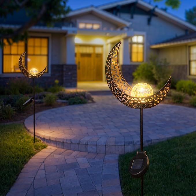2Pack Moon Garden Gifts Solar Lights Outdoor Stakes Waterproof, Gifts for Mom, Crackle Glass Backyard Decor Balcony Lawn Ornaments, for Women Men Grandma (Bronze)