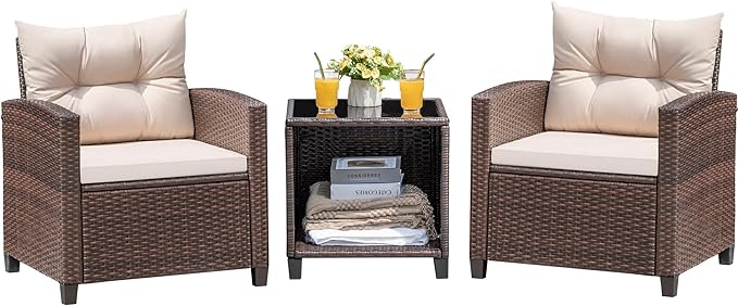 Devoko 3 Pieces Patio Furniture Set, PE Rattan Wicker Patio Set with Two Outdoor Chairs and Table, Upgraded Patio Chairs and Table for Porch, Garden Poolside Balcony