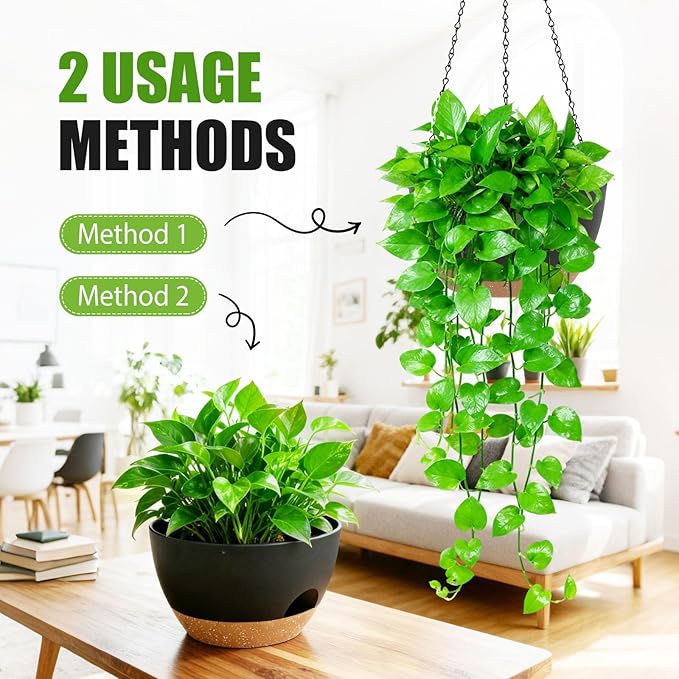 8 Inch Hanging Planters for Indoor Outdoor Plants, 4 Pack Black Brown Plastic Self Watering Hanging Baskets with Drainage Holes and Chain for Garden Porch