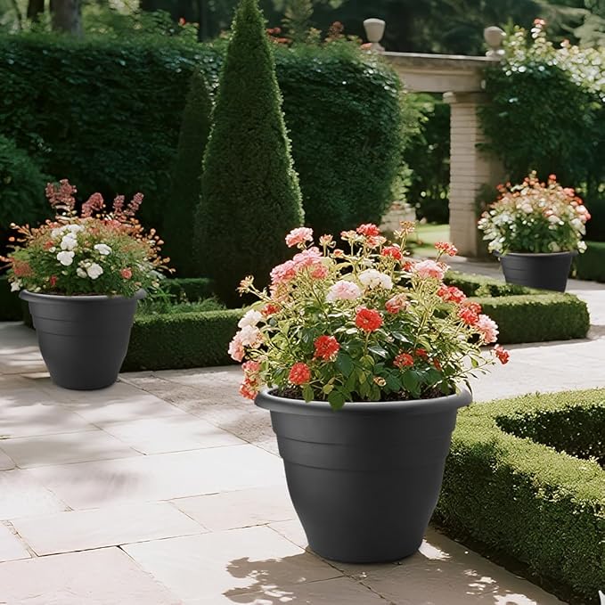 3 Pack 20 Inch Large Plant Pots for Outdoor,Heavy Duty Extra Large Deep Garden Planter with Drainage Holes,Sturdy Textured Black Flower Pot for Trees,Shrubs,Patio,Lawn