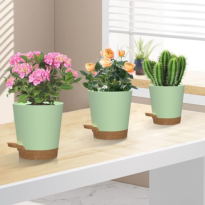 Self Watering Pots, 7/6.5/6/5.5/5/4 inch Flower Pots with Multi Mesh Drainage Holes, Small Platic Planters for Indoor Outdoor Garden Plants and Flowers (Green with Brown Tray, 7"+6.5"+6"+5.5"+5"+4")