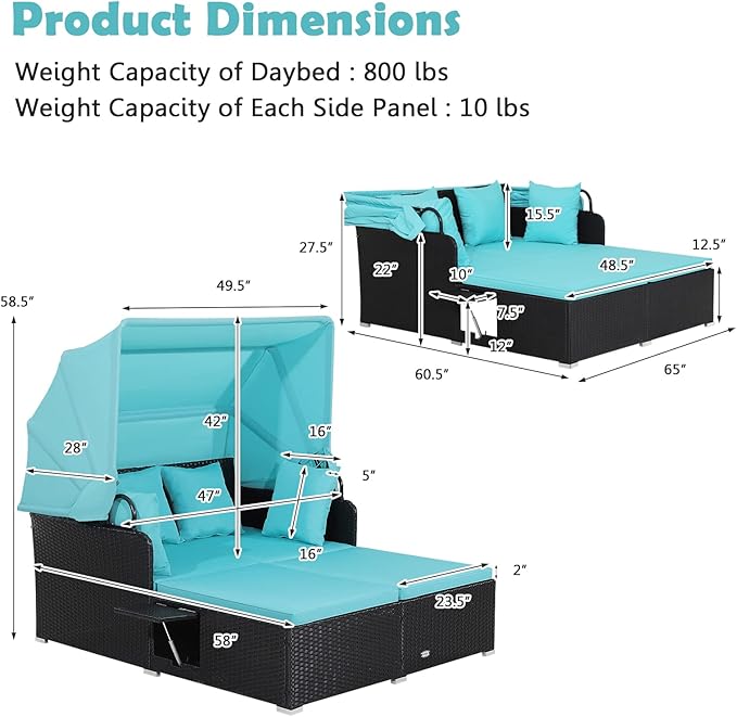 Salches Outdoor Daybed, Patio Daybed with Retractable Canopy, High-Resilient Soft Cushions, Foldable Side Trays, Outdoor Bed Loveseat for Garden, Backyard, Porch (Turquoise)