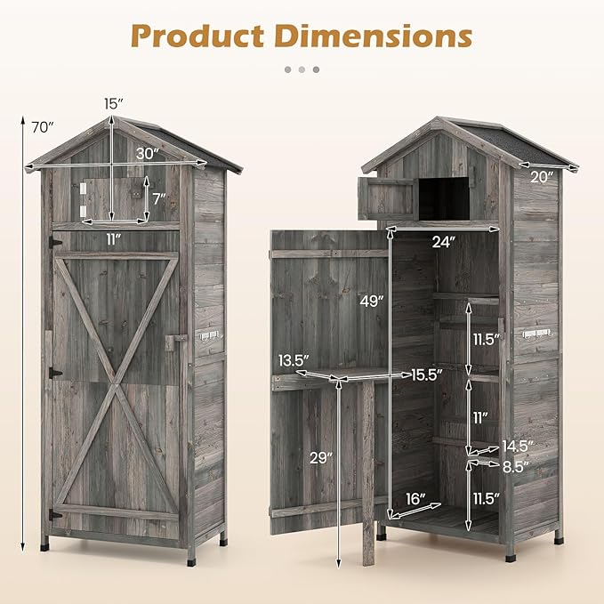 Goplus All-in-One Storage Shed, 70" Tall Wooden Lockable Cabinet w/Foldable Work Table, Vertical Utility Tool Organizer w/Shelves & Hooks, Waterproof Garden Shed for Patio Backyard (Gray)