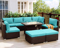 NICESOUL Large Outdoor Patio Furniture Set with Firepit Propane/Natural Gas, High-End Deep Seats Wicker Modular Sectional Sofas for 8, 29.3'' High Back Conversation Sets, Brown Rattan and Teal Cushion