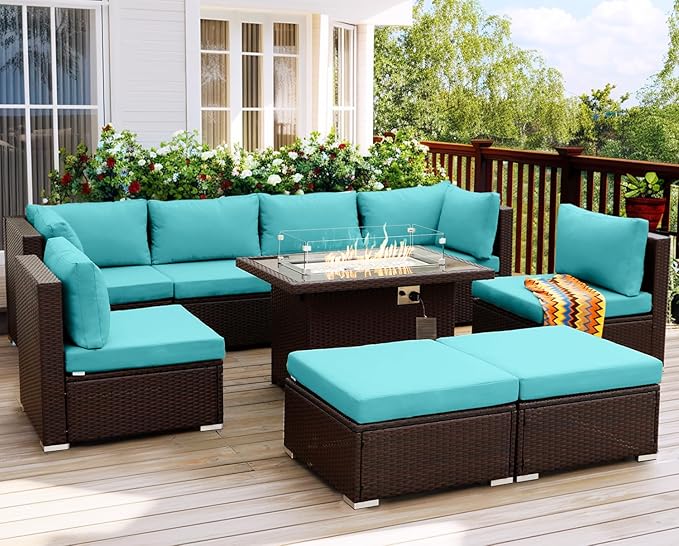 NICESOUL Large Outdoor Patio Furniture Set with Firepit Propane/Natural Gas, High-End Deep Seats Wicker Modular Sectional Sofas for 8, 29.3'' High Back Conversation Sets, Brown Rattan and Teal Cushion