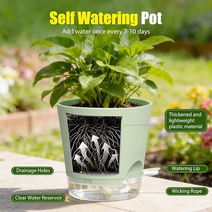 Plant Pots 7 Inch Self Watering Pots, 6 Pack Plastic Planters with Drainage Holes and Clear Saucers,Plastic Flower Pots for Indoor Out Door Plants(Green)