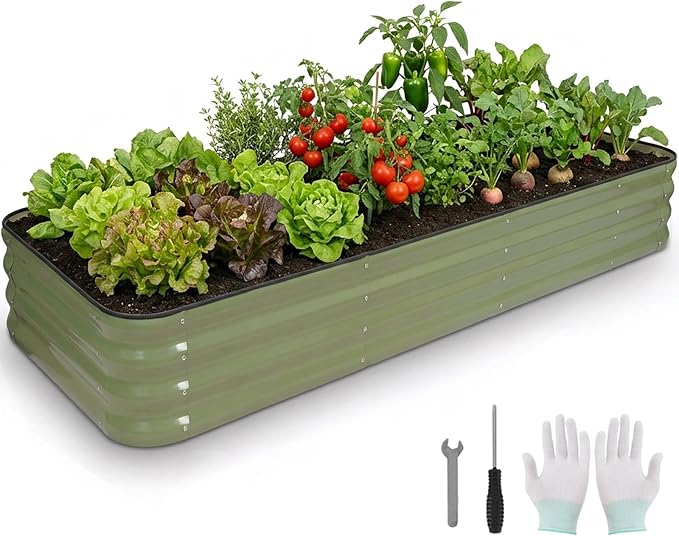 5 in 1Galvanized Raised Garden Bed - 8x3x1ft Modular Garden Planter Bed Outdoor | Steel Raised Bed Kit with Bracing Rods, Gloves for Gardening Vegetables Fruits and Flowers (Green)