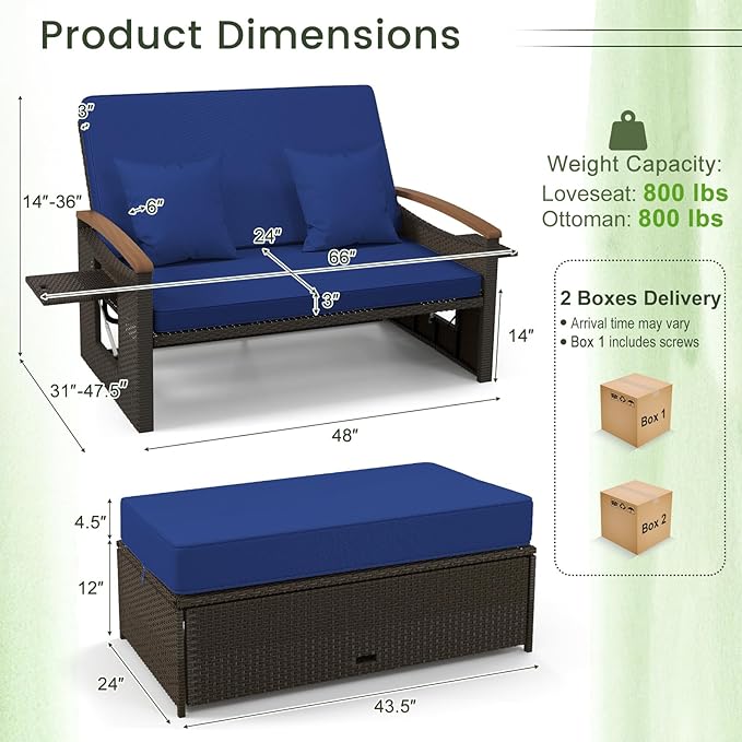 Tangkula Patio Rattan Daybed with 4-Level Adjustable Backrest, Outdoor Wicker Loveseat with Acacia Wood Armrest, Storage Ottoman & Folding Tray, Double Sunbed for Balcony, Backyard & Poolside (Navy)