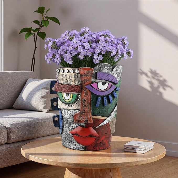 Picasso Abstract Face Flower Pot,Unique Resin Crafted Planter with Drainage Holes,Interesting Colorful Planter with Human face,for Indoor and Outdoor Botanical Home décor (Serious)