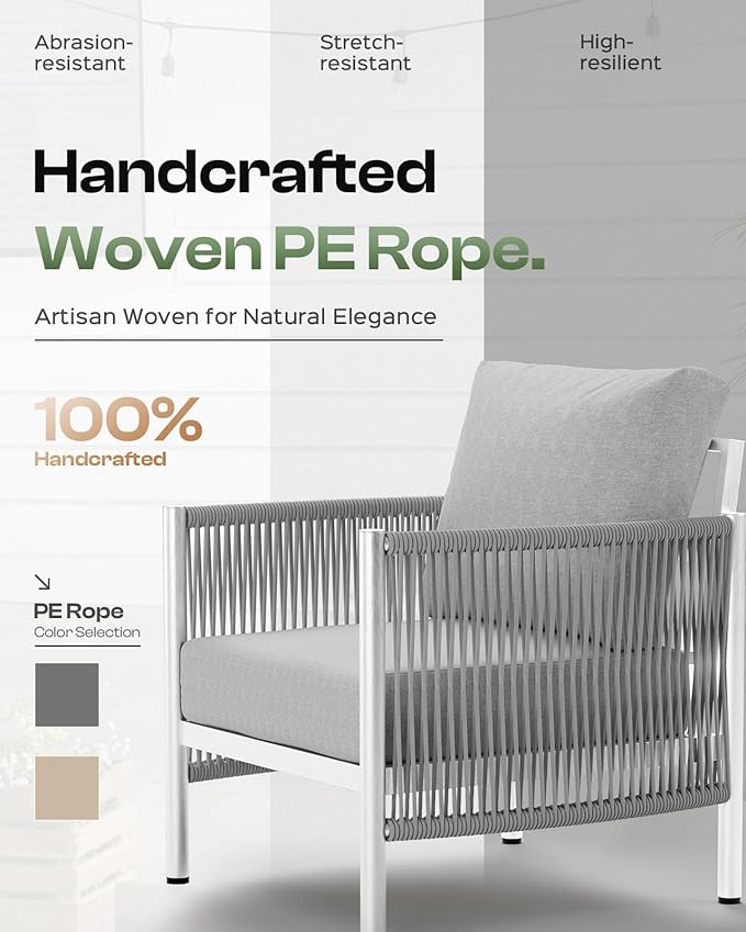 Aluminum Outdoor Patio Couch, 3 Seats HDPE Rope Patio Sofa with Washable Thick Cushion, All-Weather Patio Furniture for Balcony, Yard, Silver Frame, Silver