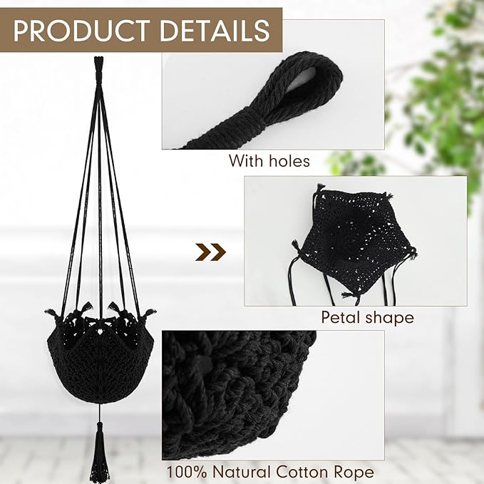 Shappy 2 Pack Jute Crochet Long Plant Hanger for 3 Inch to 12 Inch Pots, Macrame Plant Holder Rope with S Shaped Hooks for Halloween Home Decor (Black)