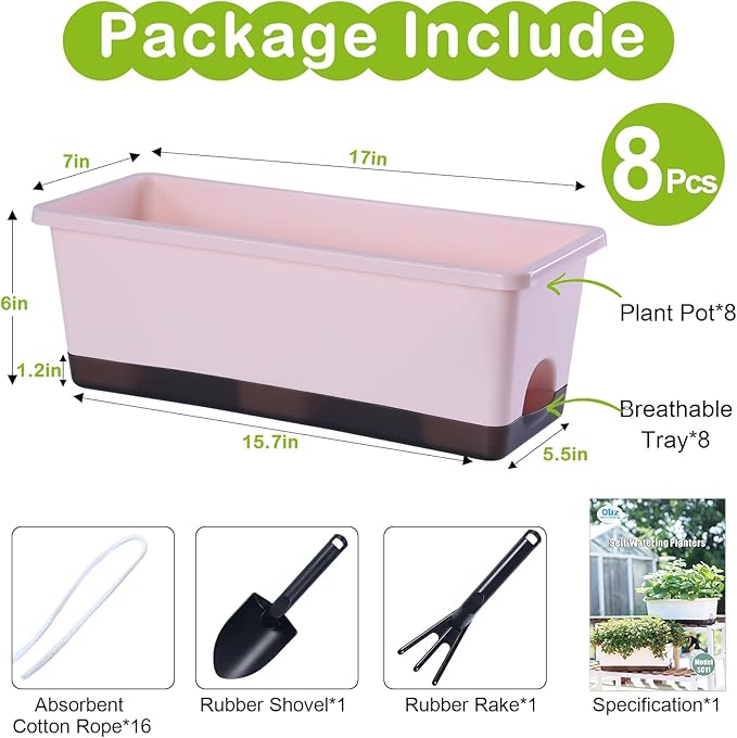 Window Box Planter 8 Pcs, 17 Inches Rectangle Flower Pots with Drainage Holes & Trays, Vegetable Planters for Windowsill Patio Garden Balcony Home Indoor Outdoor (Pink, 16 * 7 * 6 inch)