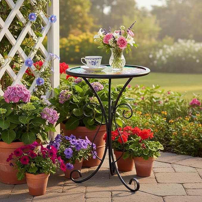 LIFFY Outdoor Side Table, 12" Glass Hummingbird Tabletop Patio Tables with Metal Frame, 21" Height Indoor Small Round Home Decorative Plant Stand Outside for Garden Patio Yard Porch