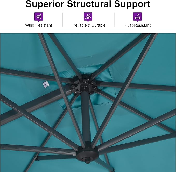 PURPLE LEAF 10 Feet Patio Umbrella with Base and Cover Round Outdoor Cantilever Umbrella Aluminum Offset Umbrella with 360-degree Rotation for Garden Deck Pool Patio Turquoise Blue