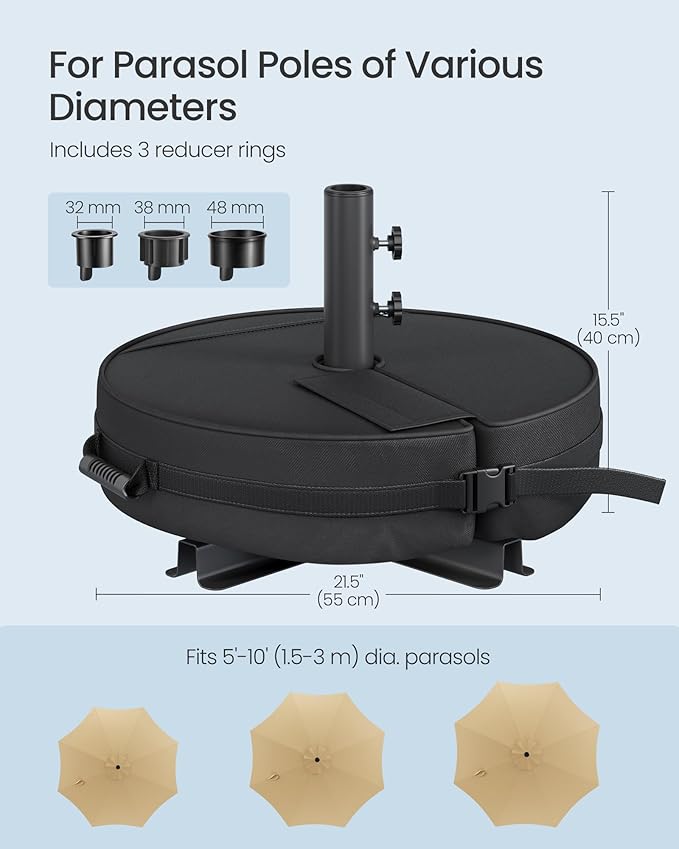 SONGMICS Umbrella Base, Round Patio Umbrella Stand, Sand Fillable Bag 66 lb, for 5-10 ft Umbrellas, Heavy-Duty, for Poles of Different Diameters, Oudoor Beach Lawn, Black UGUB0041B01