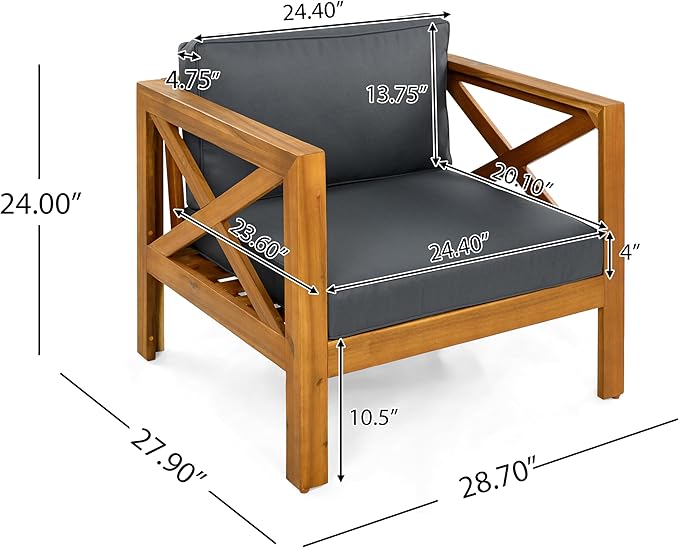 Merax Outdoor 4-Piece Acacia Wood Conversation Set - Patio 3-Seat Loveseat Sofa w/Coushion, 2 Armchair and Round Coffee Table for Backyard, Lawn, Balcony, Teak + Gray