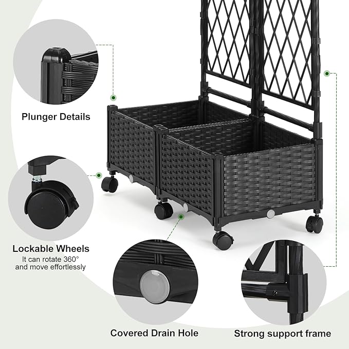Planter Box with Trellis, 4ft Tall Self-Watering Plastic Raised Garden Beds and Lattice Trellis with Lockable Wheels & Drain Plug for Outdoor Patio Backyard Balcony, Black, 2 Pcs
