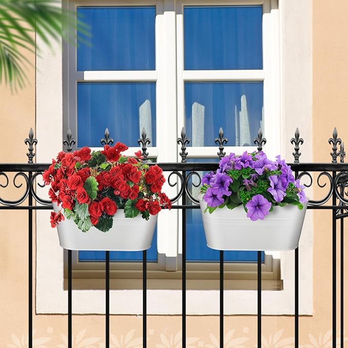 MADHOLLY Railing Planter with Drainage Holes - Sturdy Bucket Pots for Railing Fence, Countryside Style Metal Flower Pots for Herbs Balcony Garden Yard Decor, 2Pcs, White