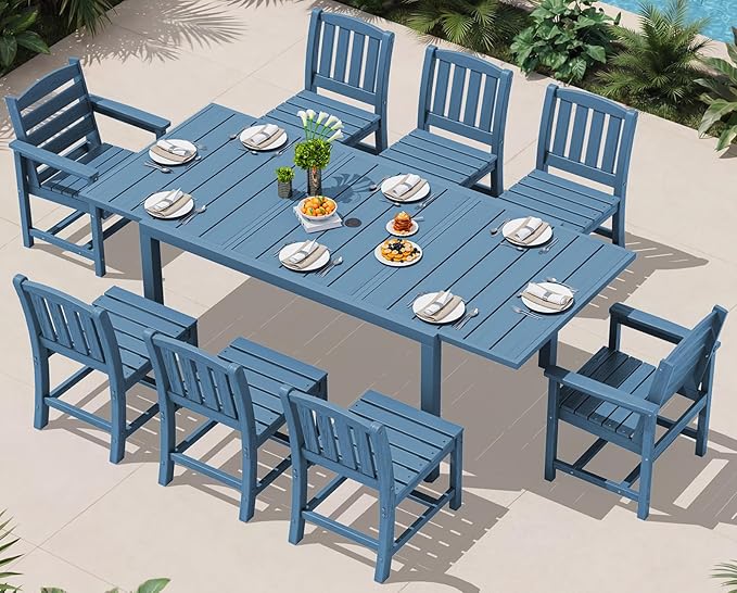 SERWALL 9-Piece Outdoor Dining Set, 60" - 83" Expandable Outdoor Dining Table and 8 HDPE Chairs, All Weather HDPE Outdoor Furniture Set for Backyard, Garden, Blue