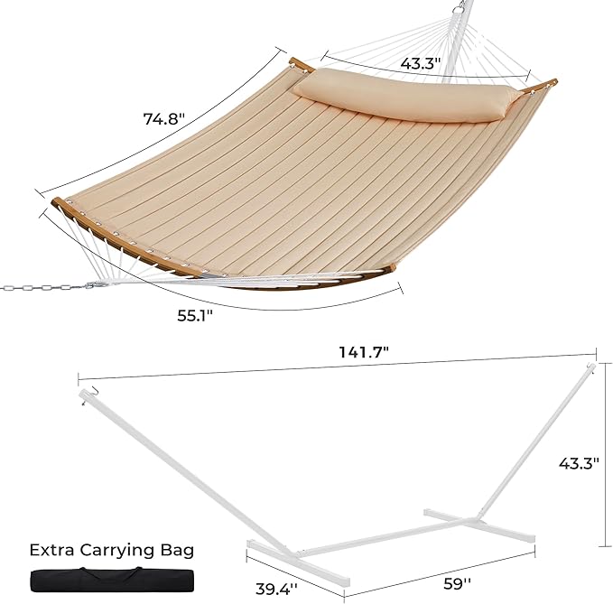 SUPERJARE Hammock with Stand, 2 Person Heavy Duty Hammock with Padded Cotton, Detachable Pillow & Strong Curved-Bar & Portable Carrying Bag, Perfect for Outdoor & Indoor, Beige