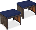 Best Choice Products Set of 2 Wicker Ottomans, Multipurpose Outdoor Furniture for Patio, Backyard, Additional Seating, Footrest, Side Table w/Removable Cushions, Steel Frame - Navy/Brown