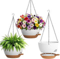 Set of 3-10 Inch Self Watering Hanging Planters for Indoor Outdoor，Hanging Plant Pots with Drainage & Removable Tray, Hanging Pots Holder for Pothos Plant, Ferns, Balcony & Patio,White with Brown
