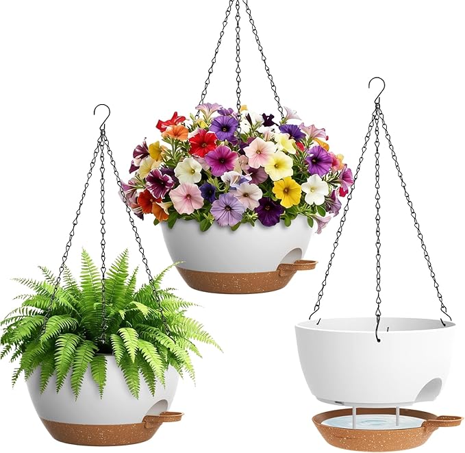 Set of 3-10 Inch Self Watering Hanging Planters for Indoor Outdoor，Hanging Plant Pots with Drainage & Removable Tray, Hanging Pots Holder for Pothos Plant, Ferns, Balcony & Patio,White with Brown