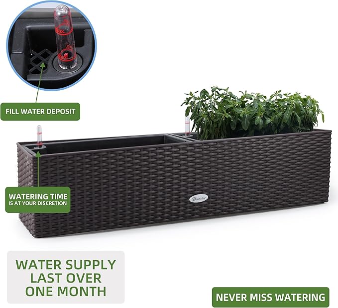 Dexceder 31.5 Inch Rattan Self Watering Planter Indoor Outdoor, Thickened Large Rail Flower Plant Pot Window Box with Water Level Indicators (Brown)
