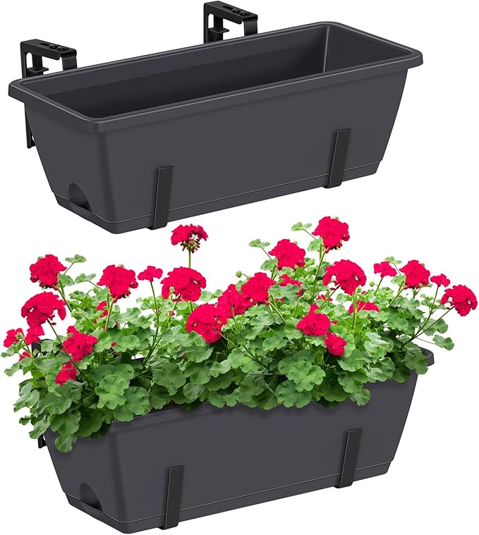 CADUKE Railing Planter Boxes 2 Pack Railing Flower Box with Adjustable Bracket 17 Inch Window Boxes Rectangle Window Deck Hanging Planters Boxes for Outdoor Patio, Gray